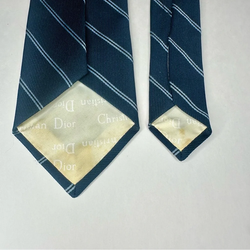 Vintage DIOR Embroidered Navy Blue Striped Classic Tie, 3”